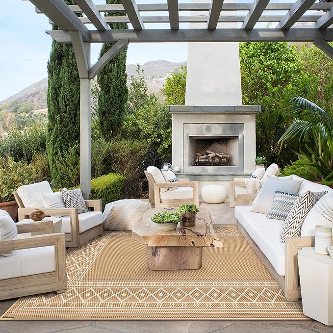 GENIMO Outdoor Rug 5'x8' Waterproof for Patio Decor, Reversible Outdoor Plastic Straw Rug Carpet, Camping Mats for Outdoor, RV, Backyard, Deck, Balcony, Picnic, Brown & Beige