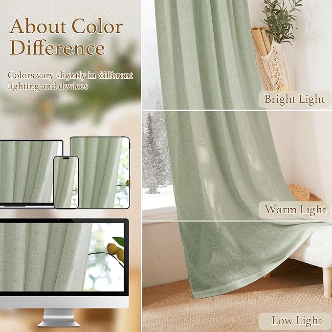 RYB HOME Thick Linen Curtains 102 inches Long, Wrinkle Resistance Semi Translucent Vertical Boho Linen Burlap for Living Room Kids Room Home Office, W 52 x L 102 inches, Sage Green, 2 Panels