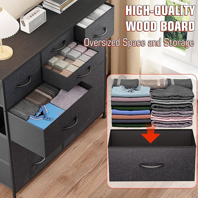 10 Drawer Dresser, Chest of Drawers for Bedroom, Fabric Dresser Drawers with Side Pockets, Hooks, Wooden Top and Sturdy Metal Frame for Living Room, Closet, Hallway, Nursery (Grey)