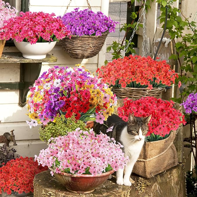 AGIRL 24 Bundles Artificial Flowers for Outdoor,No Fade Fake Plastic Flowers Faux Plants for Decoration Hanging Planters Indoor Outside Garden Porch Window Box Home Wedding Farmhouse
