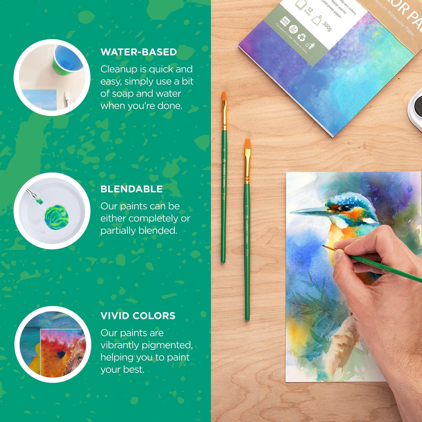Norberg & Linden Watercolor Paint Set - 36 Premium Paints - 12 Page Pad - 6 Brushes - Painting Supplies with Palette, Watercolors, Art Pad Paper and Artist Brushes