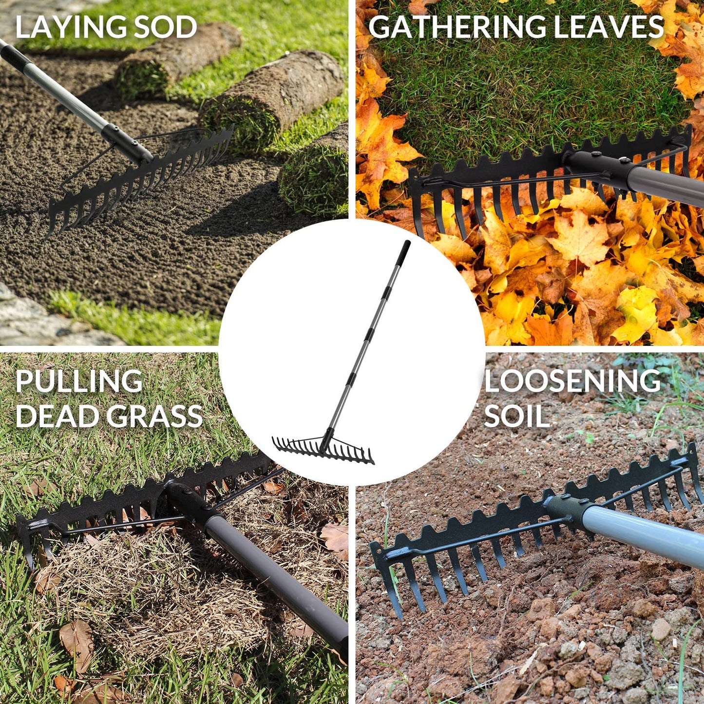Walensee 5.4FT Bow Rake Heavy Duty Garden Rake with Stainless Steel Handle, 17 Steel Tines Garden Tool for Loosening Soil Gathering Leaf Leveling Lawn Farming Land Management Yarn Thatch Rakes