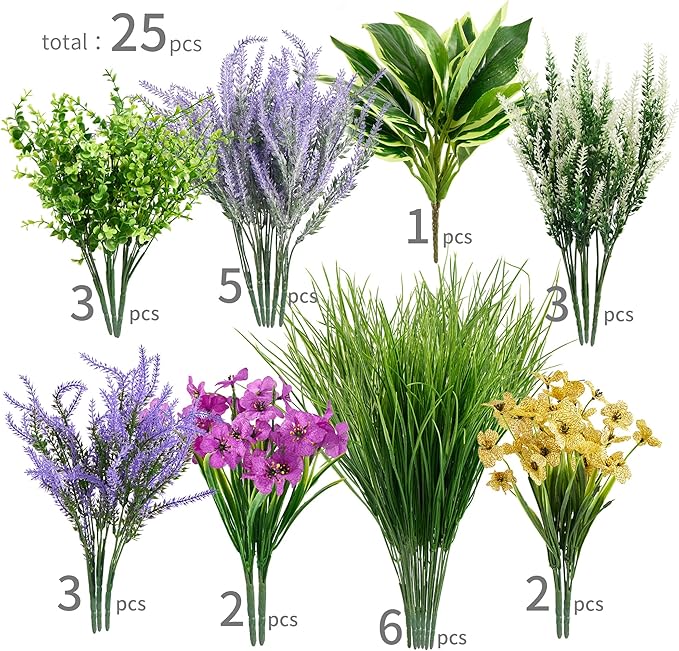 25Pcs Outdoor Artificial Boxwood UV Resistant Fake Stems Plants, Faux Plastic Greenery for Indoor Outside Hanging Plants Garden Porch Window Box Home Wedding Farmhouse Décor