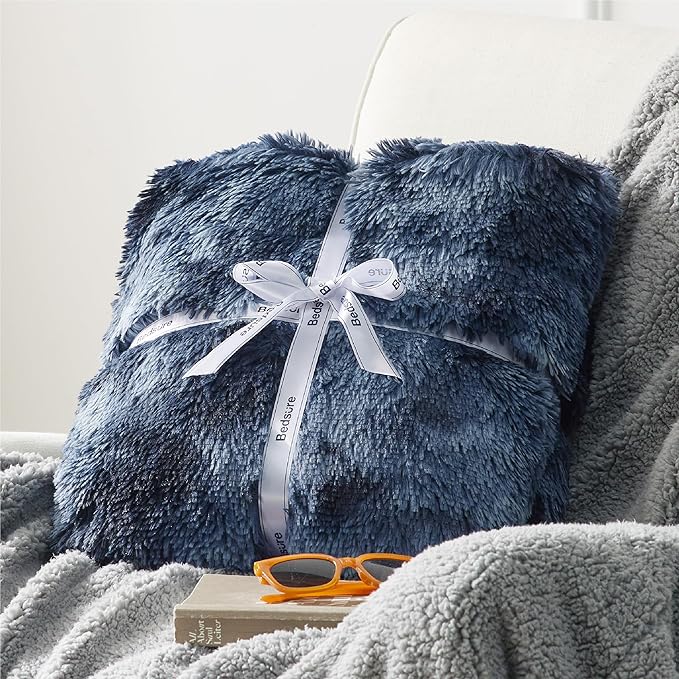 Bedsure GentleSoft Fluffy Tie Dye Navy Blue King Size Blanket for Bed, Thick Soft Sherpa Faux Fur Fleece Bedding Fuzzy Plush Winter Warm Large King Blanket, Cozy Blue Gifts for Men Women, 108x90