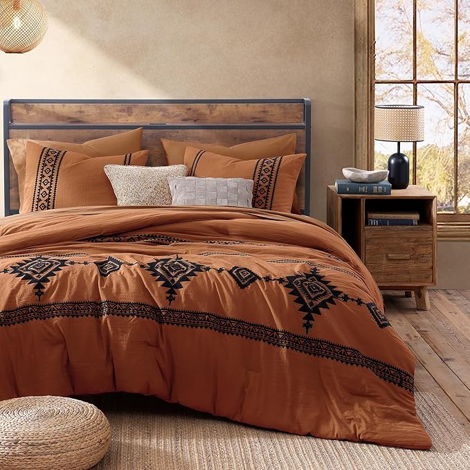 MaiRêve Burnt Orange Embroidery Comforters Set Queen Size - 7 Pieces, Farmhouse Western Bedding All Season, Bed in A Bag Queen Boho Comforter Set with Sheets, Pillowcases & Shams