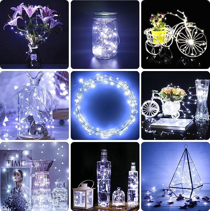 2 Pack Led Fairy Lights Battery Operated String Lights Waterproof Silver Wire 7 Feet 20 Led Firefly Starry Moon Lights for DIY Wedding Party Bedroom Patio Christmas (2 Pack, White)