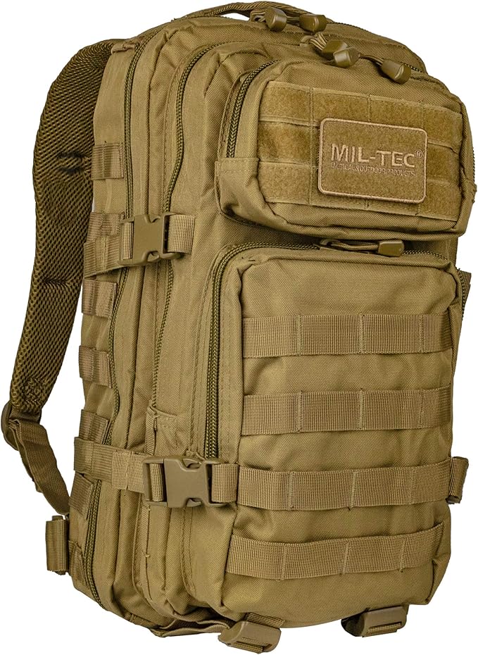 Mil-Tec Unisex Assault Pack - Rugged Durable Lightweight Ergonomic Versatile Tactical Outdoor Camping Hiking Backpack with Adjustable Padded Shoulder Straps & MOLLE Loops, Coyote, 20L