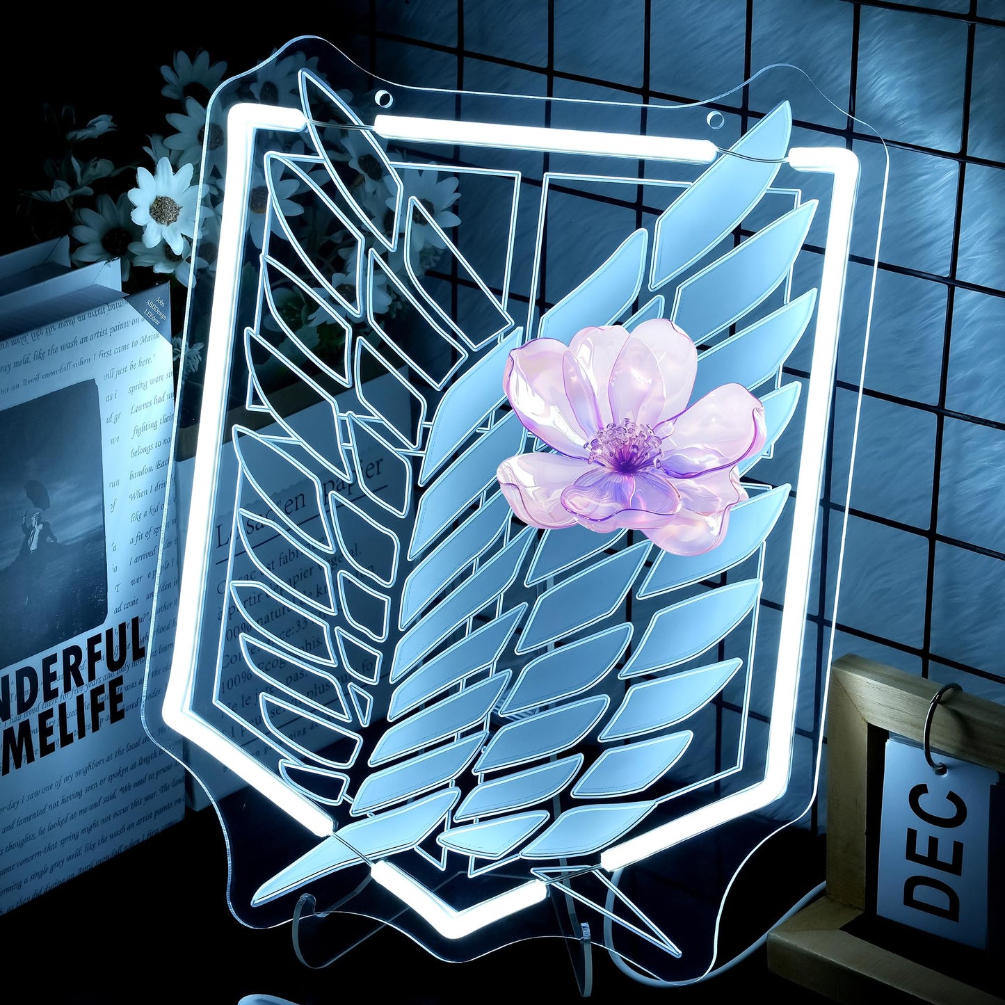 Anime Neon Sign for Wall Art Decor - Wings and Freedom Acrylic USB Powered LED Wall Light, White Glow with Dimmer, for Bedroom Game Room Party Decor Man Cave Home Office 13.78" × 10.51"""