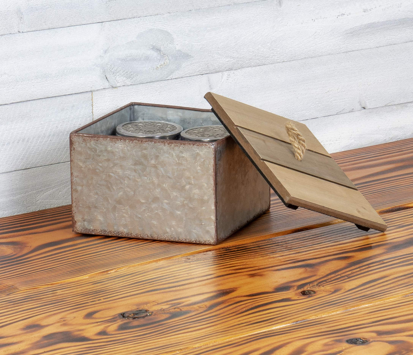 Red Co. 7" W x 7"" D Rustic Galvanized Metal Square Storage Box with Wooden Lid - Country Style"