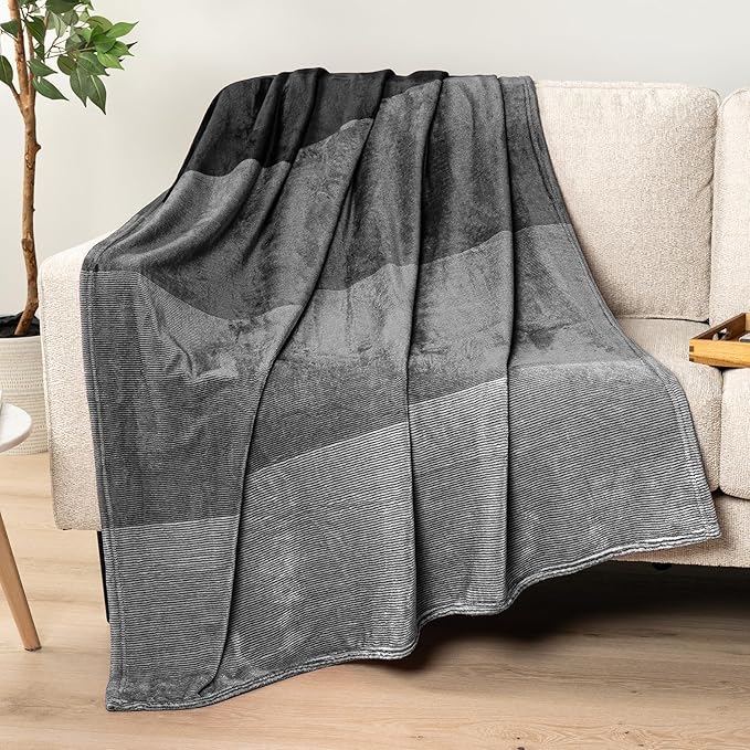 Pavilia Black Ombre Fleece Blanket for Twin Size Bed, Soft Plush Lightweight Cozy Microfiber Gift Decorative Blanket, 60x80