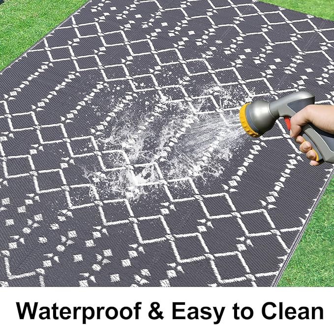 Smiry Outdoor Rug 5x8 ft, Waterproof Reversible Plastic Straw Rugs, Boho Outdoor Area Rug, Outside Floor Mat for Patio, Backyard, Deck, Picnic, Beach, Camping, Grey