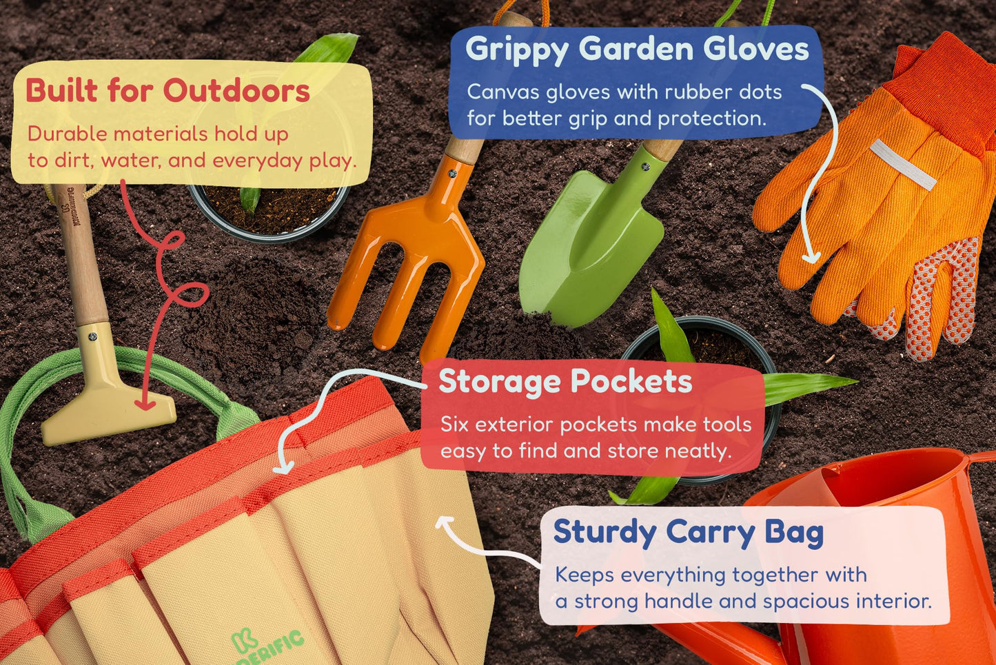 Kinderific Gardening Set, Tool Kit, for Kids, STEM, Includes Tote Bag, Spade, Watering Can, Rake, Fork, Trowel and Gloves (Sunshine)