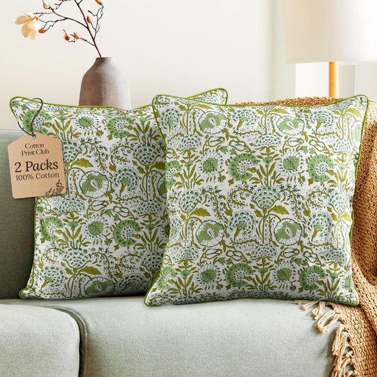 CPC 100% Cotton Throw Pillow Covers 20x20 Inch, Set of 2 Green Block Print Pattern Couch Pillow, Cute Boho Decorative Pillows for Living Room, Bedroom with Hidden Zipper- Agate Green