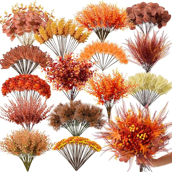 250 Pcs Artificial Fall Greenery Stems Bulk Thanksgiving Eucalyptus Leaves Silver Dollar Foliage Floral Picks and Sprays Fake Faux UV Resistant for DIY Bouquet Vase Arrangement Table Decor