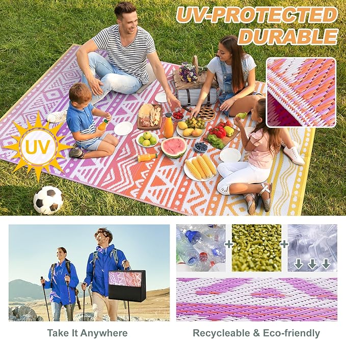 Lahome Outdoor Rug Waterproof, 5x8ft Reversible Outdoor Plastic Straw Rug for Camping, RV Patio Rugs Outside Carpet for Porch Deck Backyard Balcony Picnic(Orange/Purple,5'x 8')