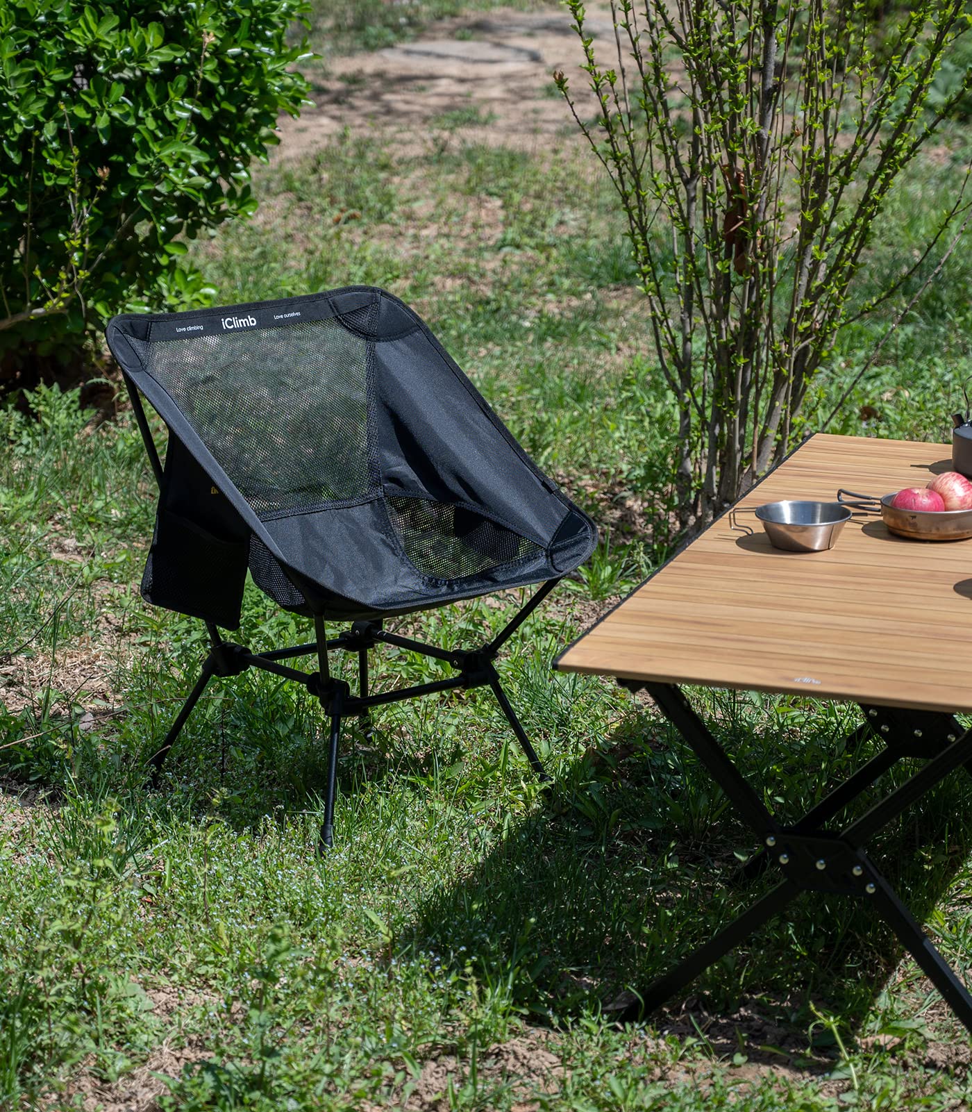 iClimb Ultralight Compact Camping Folding Beach Chair with Anti-Sinking Large Feet and Back Support Webbing (Black - Square Frame)