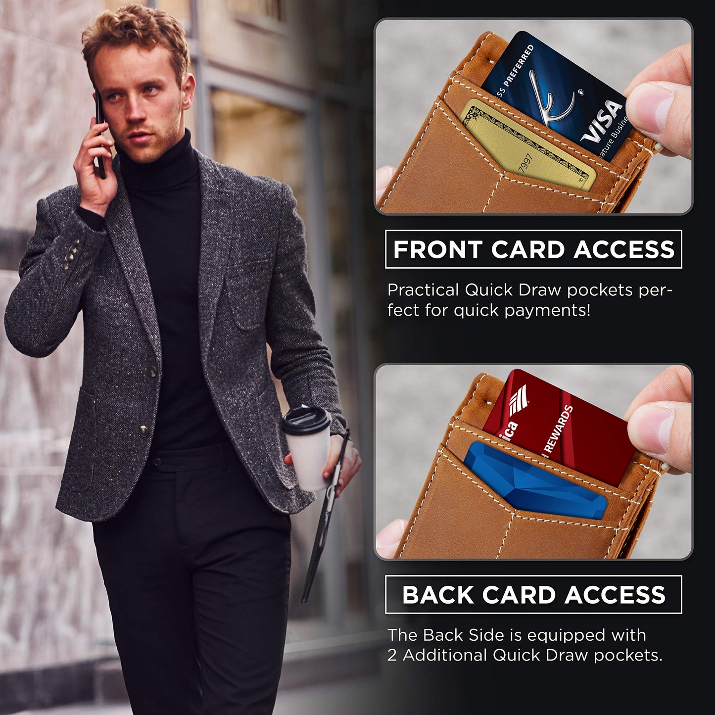 SERMAN BRANDS RFID Blocking Wallet Slim Bifold - Genuine Leather Minimalist Front Pocket Wallets for Men with Money Clip Gift (California Desert)