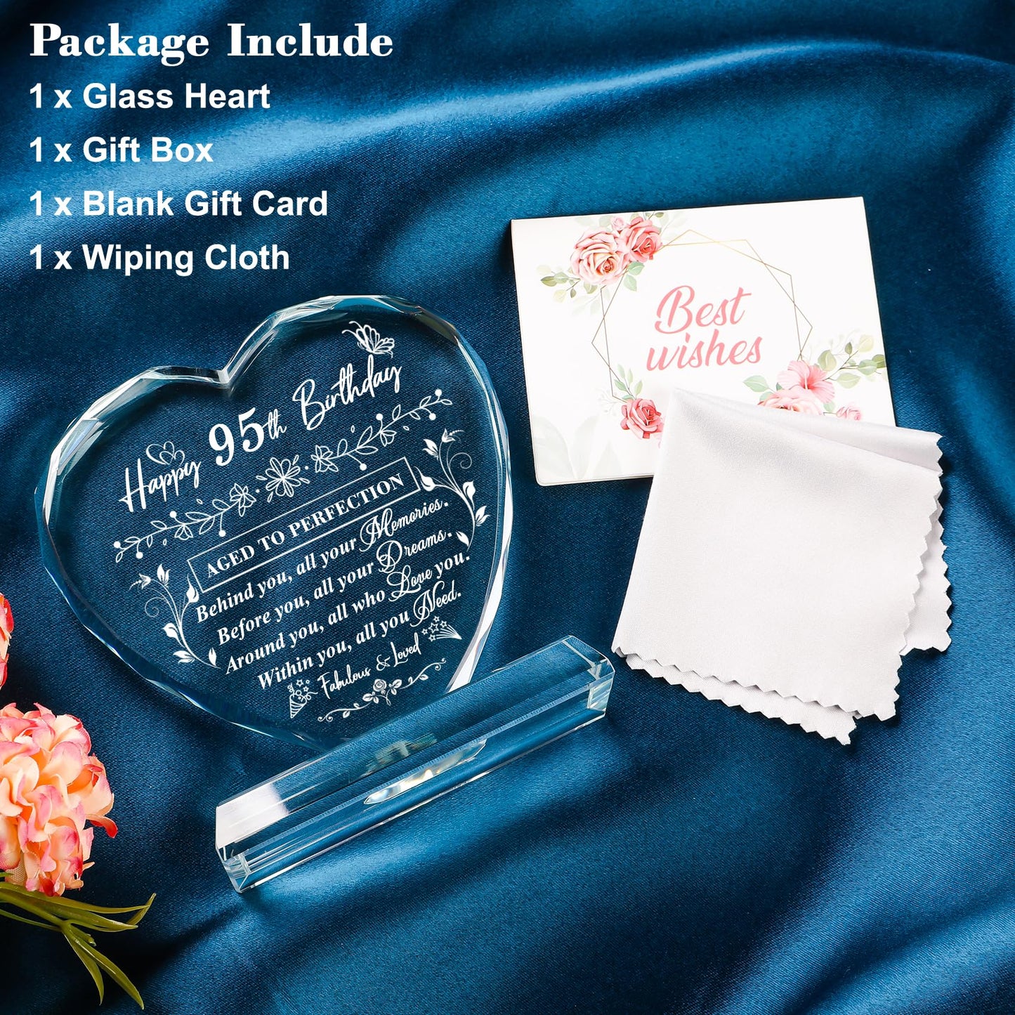 QIANRUNA 95th Birthday Gifts for Women Men, Laser Glass Heart 95th Birthday Decorations Ideas, Happy Birthday Gifts for 95 Year Old Parents Grandparents Husband Wife Mom Dad Friend