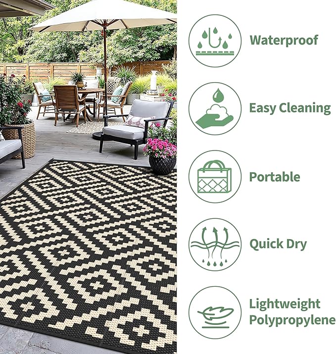 Outdoor Rug for Patio - Waterproof Plastic Straw Camping Rugs 4x6 ft, Reversible Outdoor Indoor RV Mat Carpet for Patio, Porch, Deck, Balcony, Picnic, Beach, Black Beige
