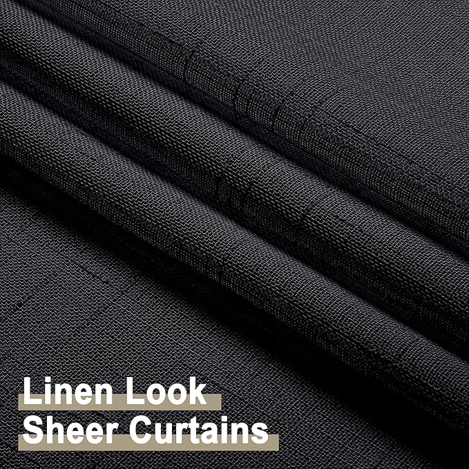 Aiyufeng Kirei Black Sheer Curtains 96 Inches Long 2 Panels, Faux Linen Slub Textured Light Filtering Soft Airy Rod Pocket Curtain Drapes for Farmhouse Living Room Bedroom, Each 40Wx96L Inch