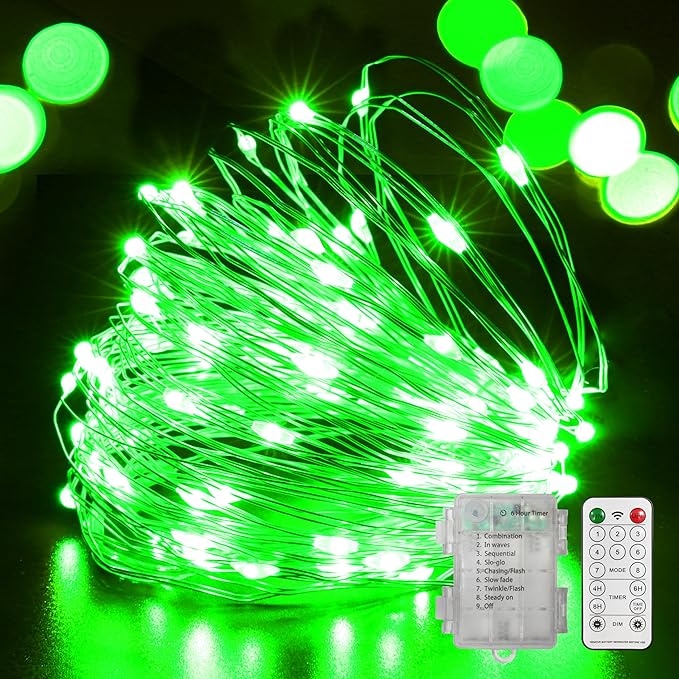 LAMPHOME 100 LED Green St Patrick's Day Fairy Lights Battery Operated, Copper Wire Starry String Lights, 32.5Ft Multi Functions & Timer with Remote for St Patrick's Day Decorations