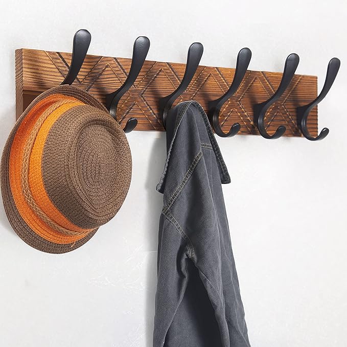 SKOLOO Coat Rack Wall Mount - Antique Wooden Carved- X Cross Coat Hook, Wall Coat Hanger with 6 Hooks for Hanging Coats, Hats, Clothing, Scarfs, Brown & Black
