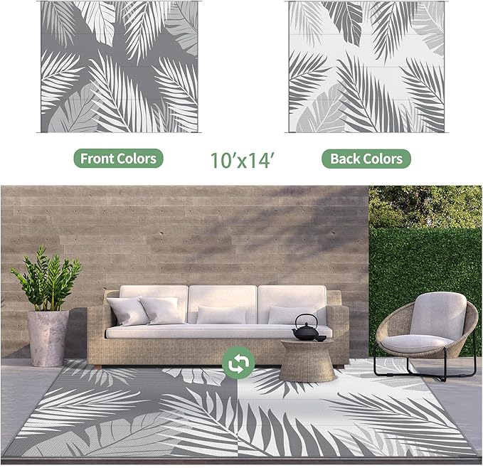 GENIMO Outdoor Rug 10' x 14' Waterproof for Patios Clearance, Reversible Outdoor Plastic Straw Camping Rug Carpet, Large Area Rugs Mats for RV, Camper, Deck, Balcony, Porch, Beach, Picnic, Grey&White