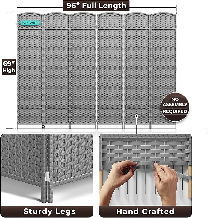 Sorbus 6 Panel Room Divider 6 ft. Tall - Privacy Screen, Extra Wide Double Hinged Panels, Mesh Hand-Woven Design, Partition Room Dividers and Folding Privacy Screens, Wall Divider for Room Separation