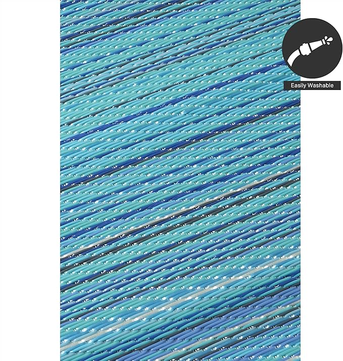 FH Home Outdoor Camping Rug - Waterproof, Fade Resistant, Reversible - Premium Recycled Plastic - Striped - Large Patio, Deck, Sunroom, RV - Havana - Turquoise - 9 x 18 ft Foldable