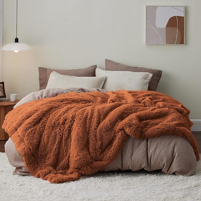 Bedsure GentleSoft Fluffy Burnt Orange Blankets Queen Size for Bed, Cozy Thick Sherpa Faux Fur Fleece Fuzzy Plush Winter Warm Soft Full Queen Blankets, Bedroom Decor Orange Gifts for Women Men, 90x90