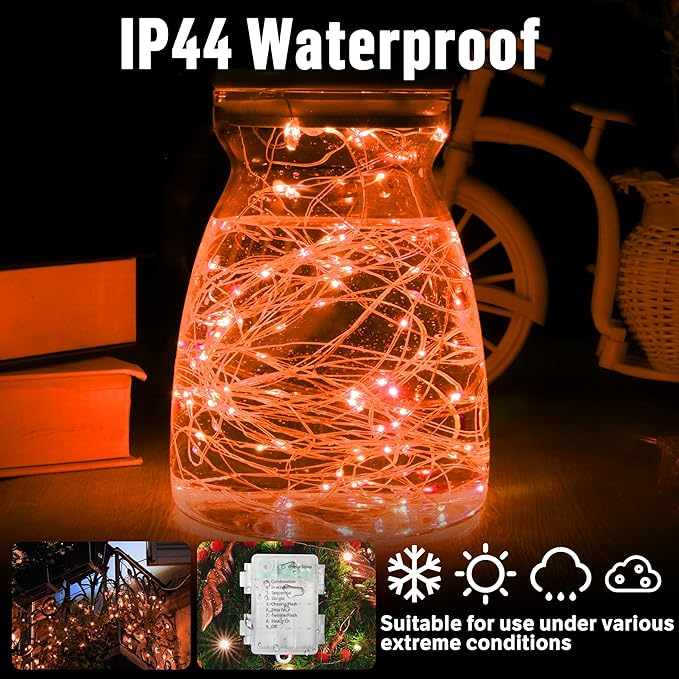 LAMPHOME Orange Fairy Lights, 100 LED 33ft Battery Operated Halloween Lights with Remote, 8 Modes Twinkle String Light for Halloween Thangksgiving Fall Tree Indoor Outdoor Decoration