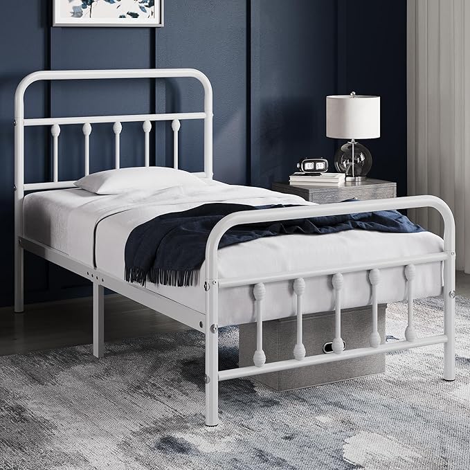 Yaheetech Classic Metal Platform Bed Frame Mattress Foundation with Victorian Style Iron-Art Headboard/Footboard/Under Bed Storage/No Box Spring Needed/Twin Size White
