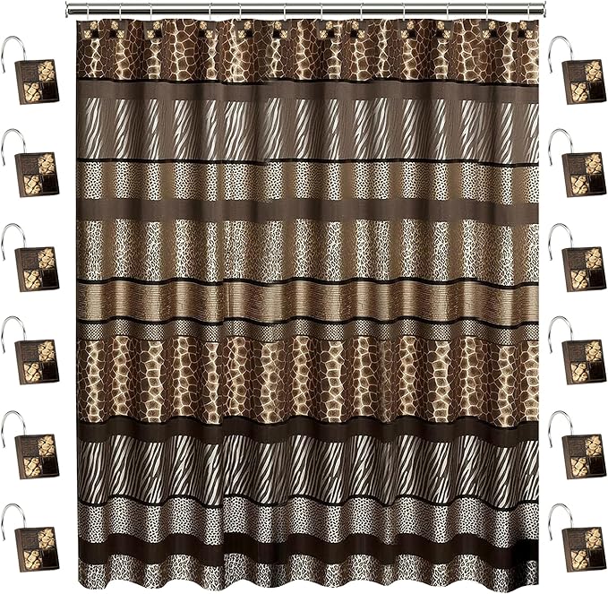 Zahari Home 13pc Safari Stripes Bathroom Shower Curtain Set Animal Print Shower Curtain & 12 Shower Curtain Hooks Luxury Southwest Shower Curtain Unique Design Rustic Shower Curtain Set