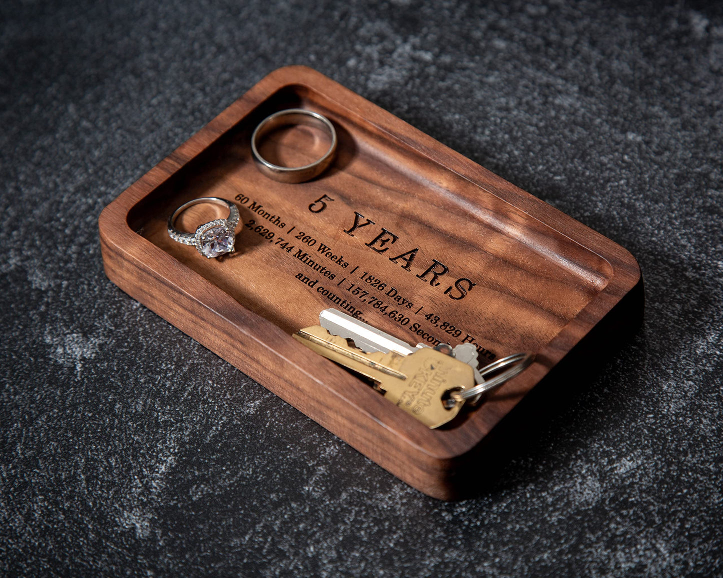 MUUJEE Ring Dish - Engraved Rectangle Wood Tray Small Jewelry Dish 5 Year Wedding Anniv Gifts Ideas (Small - 5.5 x 3.5 inches)