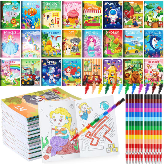 BenLouis Coloring Books for Kids With Stacking Crayons Set Mini Coloring Books Bulk for Ages 4-8-12 Small Activity Books for Birthday Party Gifts Goodie Bags Stuffers Travel（24+24Pcs Assorted）