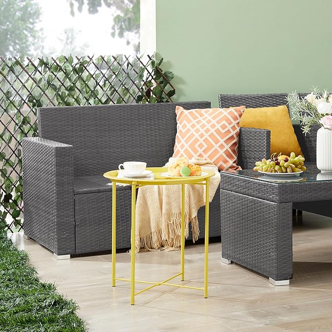 VECELO Side/End Table, Folding Round Metal Anti-Rust and Waterproof Outdoor or Indoor Tray for Living Room Bedroom Balcony and Office, 2 PCS, Yellow