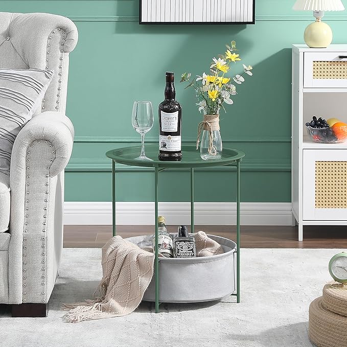 VECELO Round Side/End Table with Fabric Storage Basket，Metal Anti-Rust and Waterproof Small Bedside Nightstand with Removable Tray Top for Living Room，Balcony & Laundry，Dark Green /1pcs with Basket
