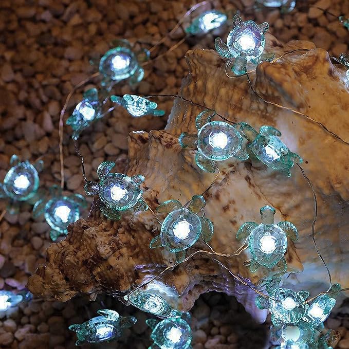 Decorman Sea Turtle Decorative String Lights, 14ft 40 LED 8 Modes Cool White Weatherproof Battery Operated Ocean Theme Lights for Bedrooms Parties Weddings Gardens with Remote and Timer
