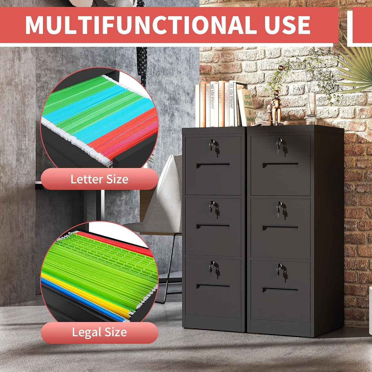 3 Drawer Metal File Cabinet with 3 Unique Locks Heavy Duty Locking File Cabinets Home Office Steel Filing Cabinet Vertical File Cabinets for Legal/Letter Size File,Assembly Required