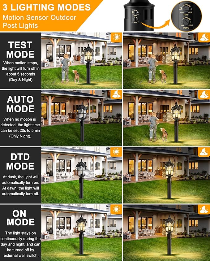 Motion Sensor Outdoor Post Lights,17.7" Dusk to Dawn Lamp Post Light Fixture, 360°Detection 3 Lighting Modes Outdoor Lighting,Waterproof Aluminum Pole Lantern for Yard Patio Pathway Garden