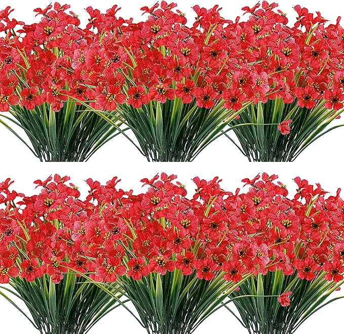20 Bundles Artificial Flowers Outdoor UV Resistant Fake Flowers No Fade Faux Plastic Plants Garden Porch Window Box Decorating (Deep Red)…