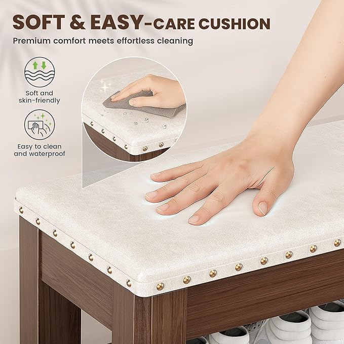 Shoe Bench for Entryway, Solid Rubberwood Shoe Bench with Hidden Storage, Adjustable 2-Tier Shelves & Soft PU Leather Seat, Shoe Rack Durable Easy Assembly for Hallway or Bedroom - Beige, 23.6"