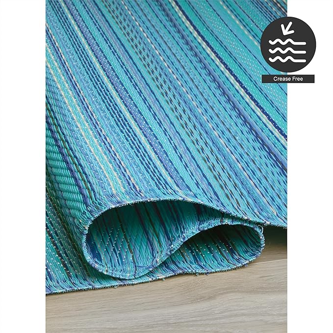 FH Home Outdoor Camping Rug - Waterproof, Fade Resistant, Reversible - Premium Recycled Plastic - Striped - Large Patio, Deck, Sunroom, RV - Havana - Turquoise - 9 x 18 ft Foldable