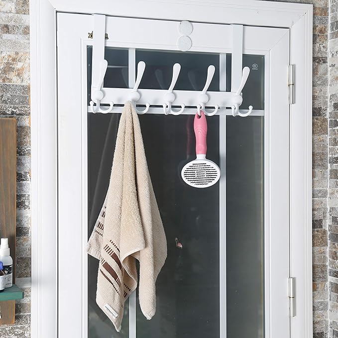 Dseap Over The Door Hook Hanger - Fits 1 3/8" to 1 3/4" Standard Doors | 5 Tri Hooks Heavy Duty Towel/Coat Rack | Door Organizer for Clothes, Jackets, Hats, Towels, White, Pack of 2