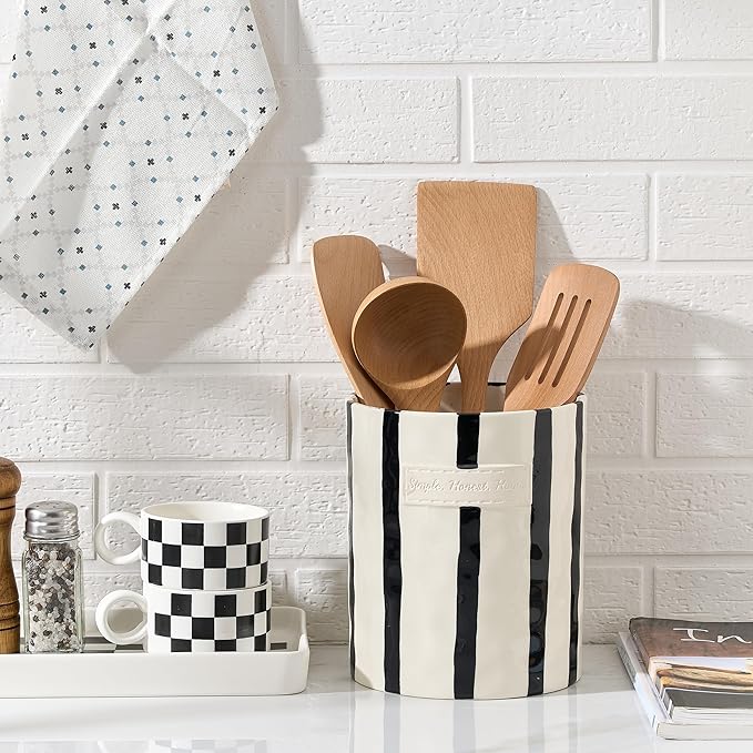 JIEMEI HOME Kitchen Utensil Holder, 7.2" Ceramic Stable Utensil Crock for Countertop, Modern Minimalism Style Cooking Tool Organizer with Cork Mat, Spatula Holder For Kitchen Decor, Black stripes