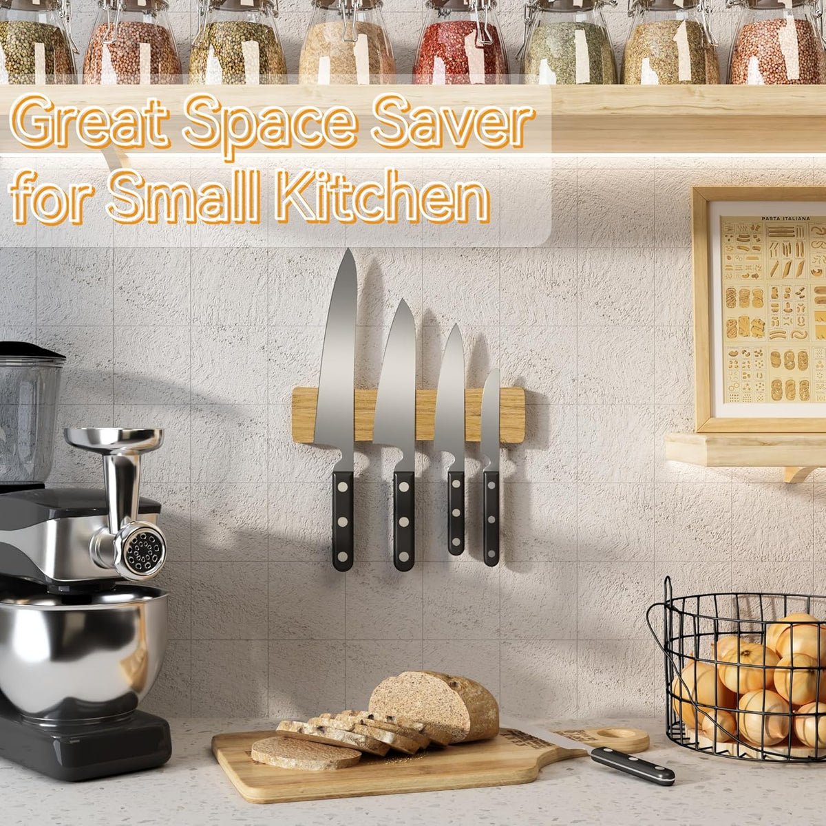 Magnetic Knife Holder for Wall, 10" Acacia Wood Knife Magnetic Strip No Drill Knife Magnet Storage Bar Magnetic Tool Key Holder Strip for Wall Use as Knife Rack for Kitchen Utensil Organizer Natural