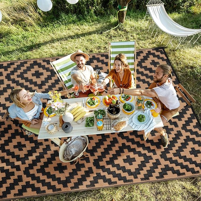 Outdoor Patio Plastic Straw Rug - 6'x9' Outdoor Camping Rug Waterproof Reversible, Area Carpet Patios Clearance RV, Outside Porch Balcony Deck for Camper, Black & Brown