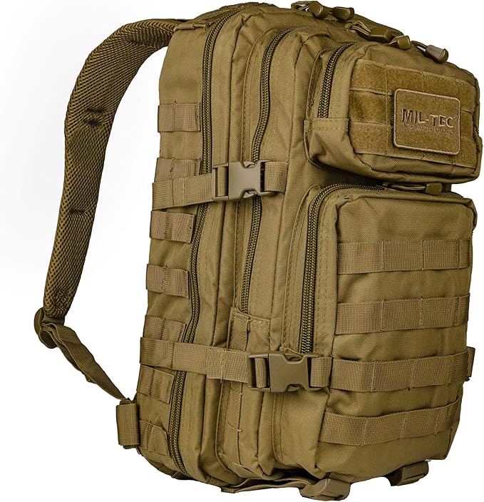 Mil-Tec Unisex Assault Pack - Rugged Durable Lightweight Ergonomic Versatile Tactical Outdoor Camping Hiking Backpack with Adjustable Padded Shoulder Straps & MOLLE Loops, Coyote, 20L