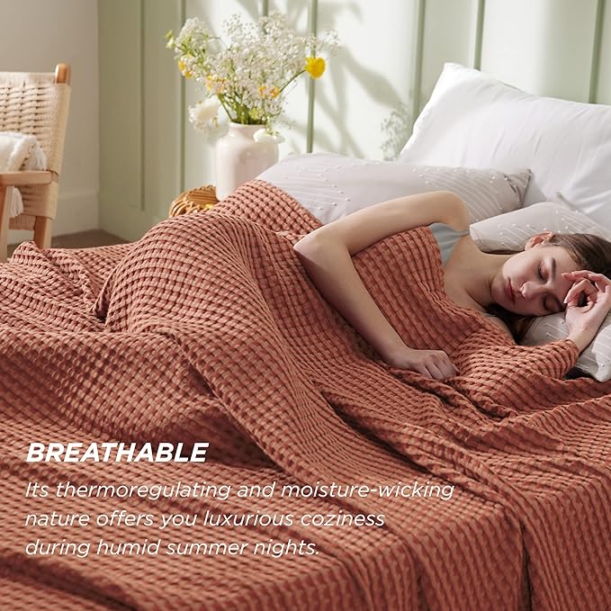 Bedsure Cooling Cotton Waffle Queen Size Blanket - Lightweight Breathable Blanket of Rayon Derived from Bamboo for Hot Sleepers, Luxury Throws for Bed, Couch and Sofa, Red Orange, 90x90 Inches