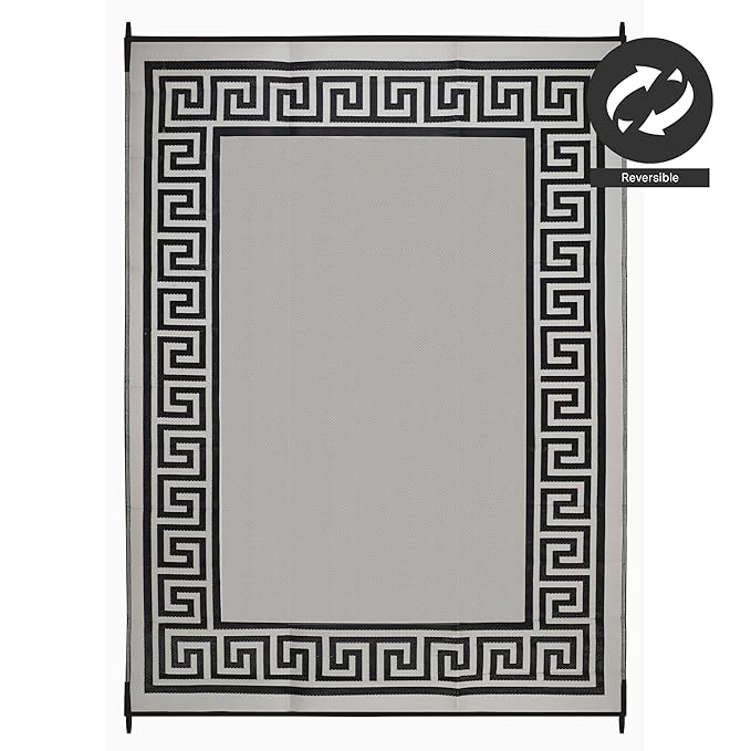 FH Home Outdoor Camping Rug - Waterproof, Fade Resistant, Reversible - Premium Recycled Plastic - Greek Border - Large Patio, Deck, Sunroom, RV - Athens - Black & White - 9 x 12 ft Foldable